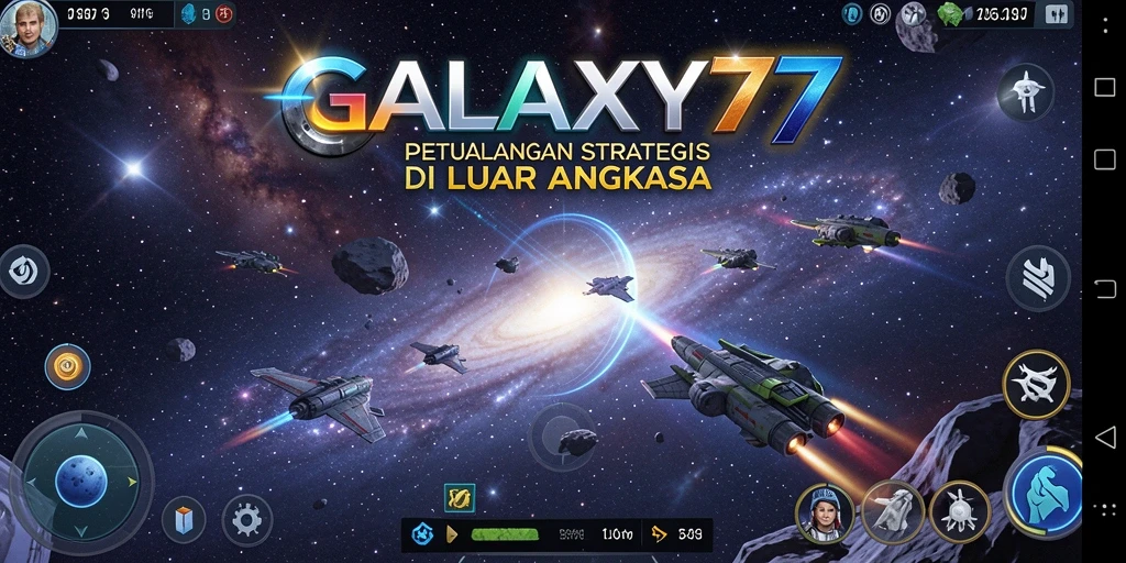 Screenshot gameplay SLG mendebarkan dari GALAXY77 menunjukkan pertempuran di luar angkasa.
