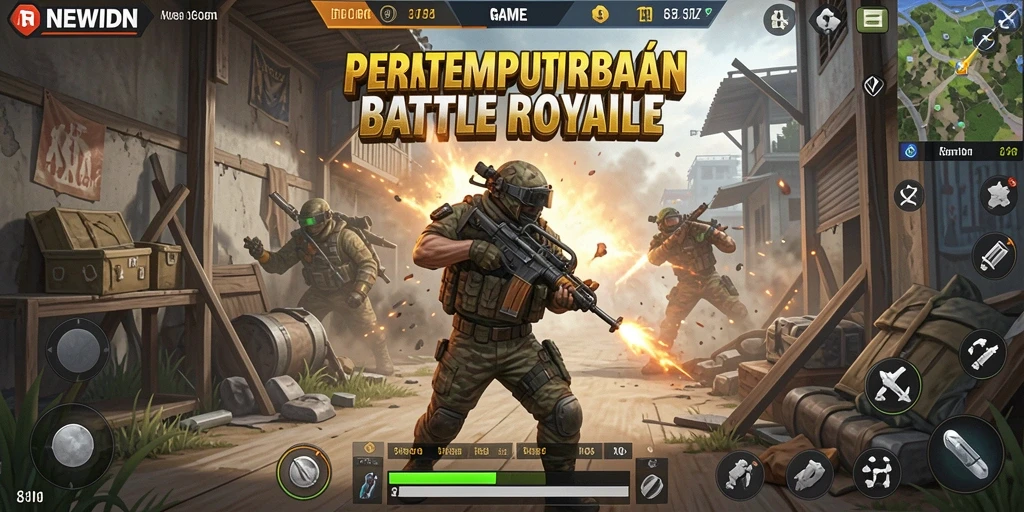 Tangkapan layar utama NEWIDN dengan aksi pertempuran Battle Royale yang intens.
