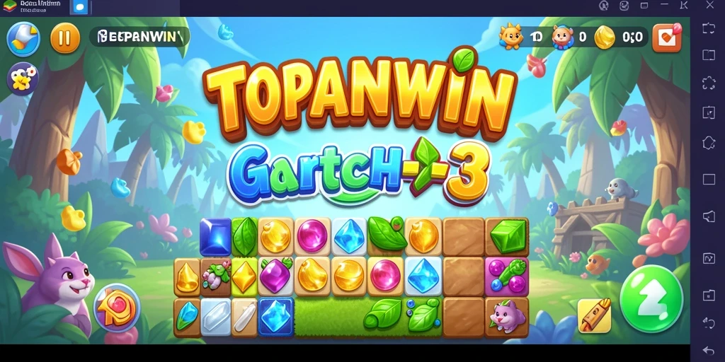 Screenshot utama gameplay <strong>TOPANWIN</strong> menunjukkan kombinasi simbol Match-3 yang cerah dan menarik.